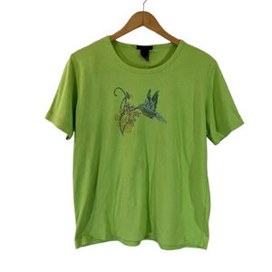 Aces Design Hummingbird Rhinestone Studded T Shirt Plus XXL Lime Green Knit Top
